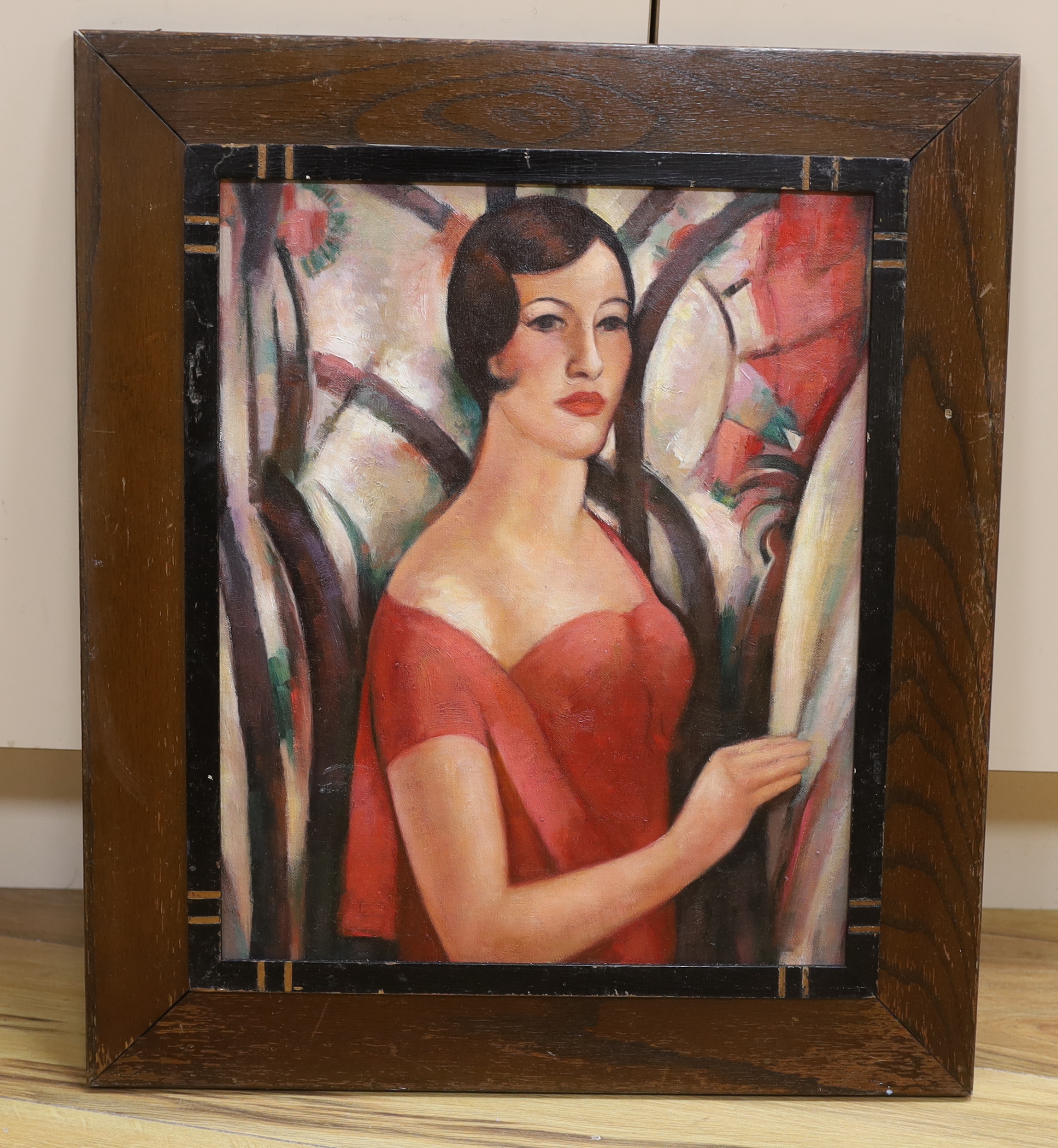 Decorative oil on board, Portrait of an Art Deco woman, 42 x 34cm